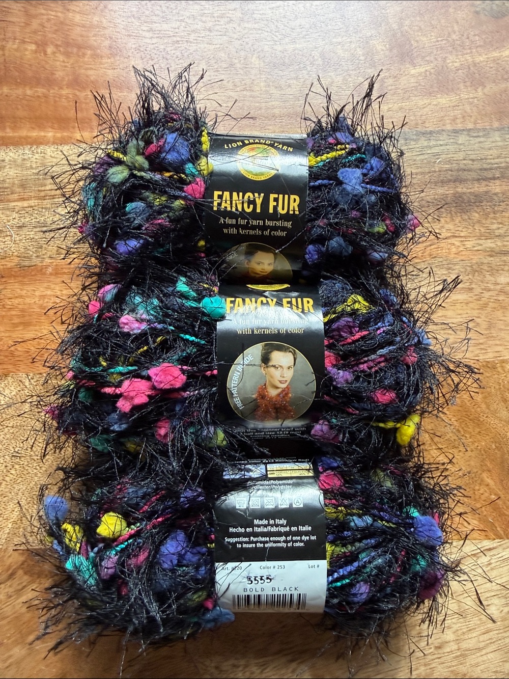 Lion Brand Fancy Fur Eyelash Yarn - Black with Bright Multicolor Flecks